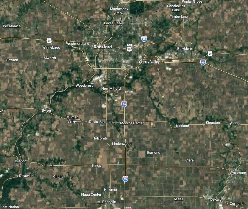 Satellite map of north-central Illinois showing Prairie Valley Tech's service area — Byron, Oregon, Stillman Valley, Monroe Center, Davis Junction, Rochelle, and surrounding communities