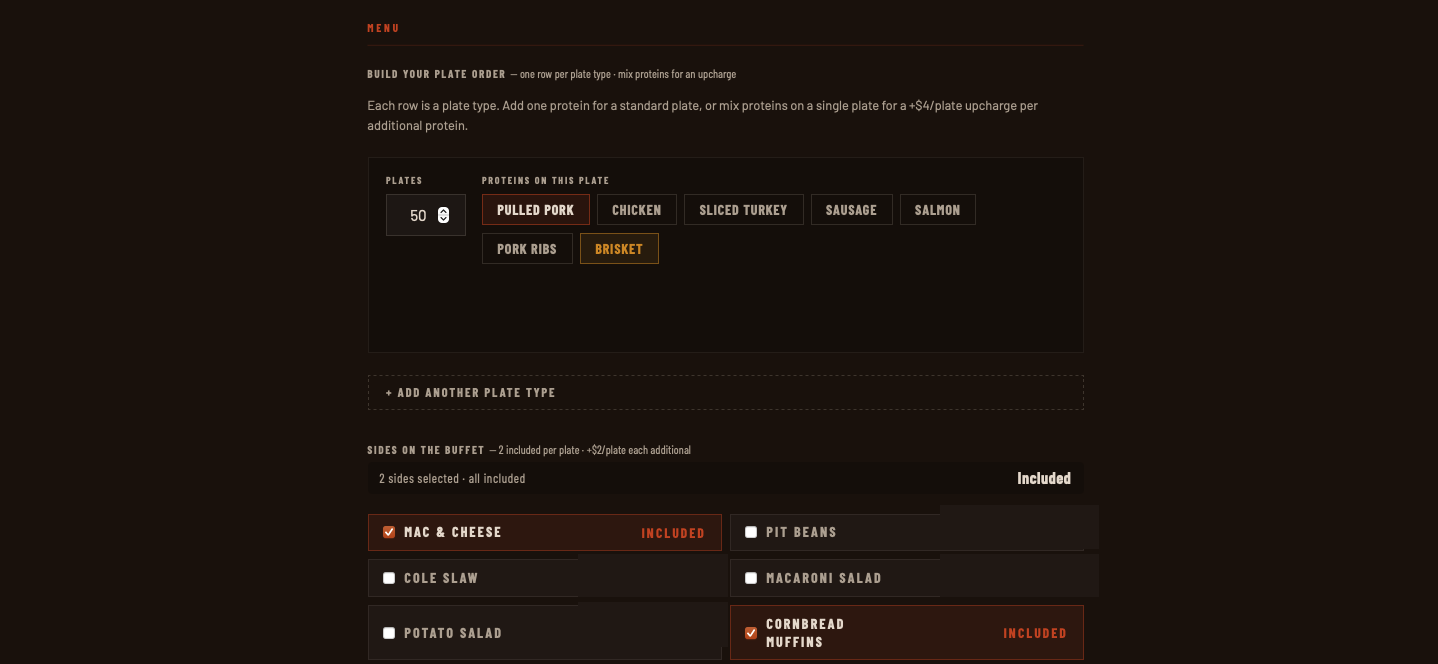 Dynamic catering menu builder showing plate count, protein selection, and real-time pricing