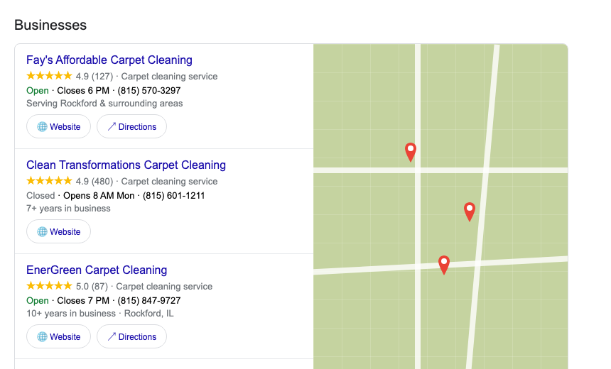 Google local map pack showing Fay's Affordable Carpet Cleaning at the top